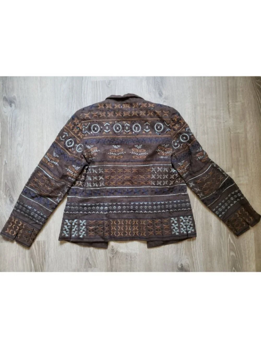 Coldwater Creek Womens 10 Open Front Jacket Brown Embroidered Beaded Fall Artsy